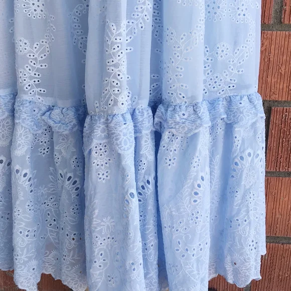 LAST ONE❗Lulu's Vintage Feminine Chic Powder Blue Embroidered Eyelet Midi Dress - Picture 7 of 10